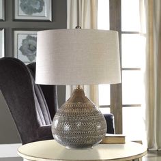 Uttermost Batova Warm Smokey Gray Glazed Ceramic Table Lamp With Beige Linen Shade Gray Lamp, Uttermost Lamps, Ceramic Lamps, Grey Lamp, Grey Table, Buffet Lamps, Ceramic Base, Wood Doors Interior, Ceramic Lamp