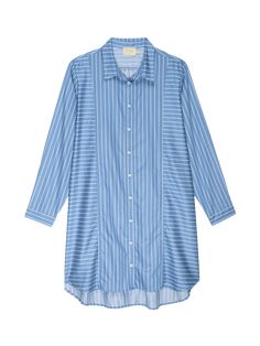 The perfectly unfussed shirt dress with contrasting stripes, three quarter sleeves, and an oversized fit. Wrap a belt around the waist for a defined feminine silhouette, or let it loose when you're lounging around the house. (This one comes in Day Trader.) | Marni Dress in Day Trader | Ethical Essentials Long Sleeve Shirt Dress With Striped Collar For Summer, Long Sleeve Shirt Dress With Striped Collar For Daywear, Oversized Striped Shirt Dress, Chic Striped Shirt Dress With Relaxed Fit, Striped Relaxed Fit Button-up Shirt Dress, Relaxed Fit Striped Shirt Dress For Daywear, Spring Daywear Shirt Dress With Striped Collar, Spring Shirt Dress With Striped Collar For Daywear, Marni Dress