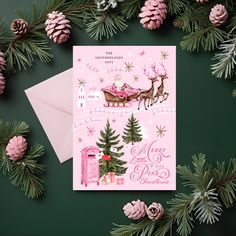 a pink christmas card with santa's sleigh and reindeers on it