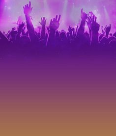 people raising their hands up in front of purple and orange lights at a music concert