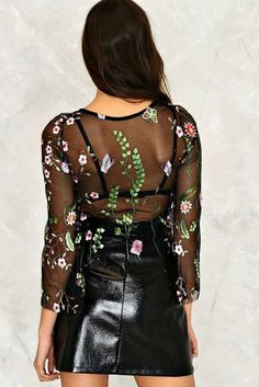 Bohemian Floral Embroidered Black Mesh Crop Top Black Mesh Crop Top, Boho Embroidery, Vest Cardigan, Floral Shirts, Short Blouses, Mesh Crop Top, Mesh Blouse, Edgy Style, Bohemian Floral