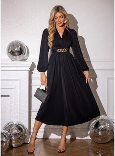 JJ's House Yes Satin Midi V-Neck Fall Winter A-line Belt/Sash Elastic Waist NO Black S Height:5.7ft(174cm) Bust:33.5in(85cm) Waist:26in(66cm) Hips:36in(91cm) Dress. #JJ's House #Yes #Satin #Midi #VNeck #Fall #Winter #Aline #BeltSash #ElasticWaist #NO #Black #S #Dress Belted Surplice Neckline Midi Dress For Party, Belted Midi Dress With Surplice Neckline For Party, Black Tie Event Dress, Black Tie Event Dresses, Modest Women, Event Dress, Black Tie Event, Satin Midi Dress, Black Tie