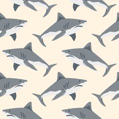 a group of sharks that are in the ocean together on a beige background with white and gray colors