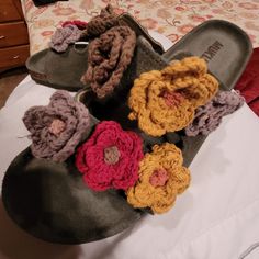 These Sandals Are So Cute! They Are Olive Green With Beautiful Crochet Flowers On Top. They Are Adjustable To Accommodate For The Perfect Width. New, Never Worn, Just Not Made For My Feet! Adjustable Brown Slippers For Spring, Casual Handmade Brown Sandals, Casual Brown Handmade Sandals, Strap Crochet, Beautiful Crochet, Crochet Ideas, Crochet Flowers, Slide Sandals, Women's Shoes Sandals