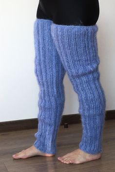 "HAND KNITTED GAITERS / LEG WARMERS ### DESIGNED & CREATED by Giorgio Qualitat ### Product Specification: § Color: Blue; § Style: Ribbed hand knitted gaiters; § Material: 2 strands premium class mohair; Size & Measurements: § Length: 31.5 \" / 80 cm § Circumference at the upper end: 18.1 '' / 46 cm § Circumference at the lower end: 9.4 '' / 24 cm § Net weight: 402 g* All measurements are taken with the item laid flat and not stretched. The lady modeling has a circumference - at thigh - 24.1\" - Cozy Fitted Knitting Pattern, Cozy Fitted Hand Knitted Pattern, Blue Fitted Casual Leg Warmers, Casual Fitted Blue Leg Warmers, Casual Blue Leggings For Winter, Cozy Handmade Knitting Pattern, Casual Blue Stretch Leg Warmers, Cozy Blue Leg Warmers For Winter, Fitted Blue Leg Warmers For Winter