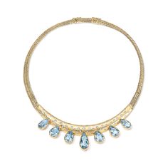 Embrace the allure of the past with this enchanting vintage gold collar. Crafted from rich yellow gold, it features 21.85 carats of dazzling aquamarine pears, beautifully graduated for a captivating look and adorned with 1.65 carats of sparkling diamonds. This exquisite piece, estimated to be from the 1940s, radiates timeless romance and sophisticated charm. A perfect addition to any discerning jewelry collection. Available in 14K Yellow Gold Aquamarine weight = 21.85 carats total Diamond weight Luxury Light Blue Fine Jewelry Necklace, Luxury Aquamarine Necklace Fine Jewelry, Luxury Timeless Blue Necklace, Luxury Sapphire Gold-plated Jewelry, 1st Dibs Jewelry, Dress Reference, Gold Collar Necklace, Cluster Design, Gold Collar