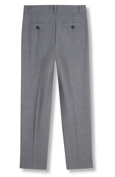 A hint of stretch adds essential flexibility to these tailored pants ensuring total comfort every time they wear these slacks. 63% polyester, 33% rayon, 4% spandex Machine wash, tumble dry Imported Stretch Straight Dress Pants With Welt Pockets, Solid Stretch Straight Dress Pants, Fitted Dress Pants With Elastic Waistband For Business Casual, Solid Stretch Work Pants With Tapered Leg, Stretch Solid Work Pants With Tapered Leg, Gray Stretch Ankle-length Dress Pants, Stretch Solid Color Work Pants For Business Casual, Stretch Solid Work Pants For Business Casual, Gray Stretch Straight Leg Dress Pants