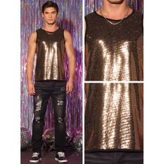 This shiny sleeveless shirt has a sequin pattern, crew neck, glitter design, and shiny party metallic tank tops. The glitter sequin metallic tank tops can make your outfit more trendy and eye-catching. You can pair the sequin tank tops with slim trousers, mesh t-shirts, and leather sneakers for fashion shows, parties, and summer celebrations. Shiny Sleeveless Top For Night Out, Shiny Sleeveless Tank Top For Party, Sleeveless Shiny Top For Night Out, Glamorous Metallic Sleeveless Top, Glamorous Shiny Sleeveless Tops, Glamorous Sleeveless Metallic Top, Metallic Sleeveless Tops For Party Season, Glamorous Club Tank Top For Party Season, Glamorous Club Tank Top For Party