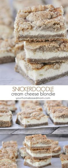 there are several desserts stacked on top of each other with the words, snickkerdoodle cream cheese blondie