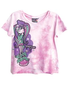 "Our Made-In LA oversize crop tee features a hand illustrated pastel goth Violetta Skye with her lilac & green hair and skeleton tights, with verbiage I WEAR BLACK ON THE INSIDE   This crop tee has been hand tie-dyed in cotton candy pastel pink and white. The print is an old fashioned silkscreen- not a digital print. The inks are premium, soft and sink into the fabric The fit is very wide and slouchy, with a slight curved shark-tail hem. The hem lies at high hip This T Shirt has been preshrunk S Summer Fairy Grunge T-shirt With Crew Neck, Fairy Grunge Graphic T-shirt For Summer, Pastel Goth Cotton Short Sleeve Tops, Trendy Hand Dyed Short Sleeve T-shirt, Summer Fairy Grunge Tops For Alternative Fashion, Pastel Goth Graphic Print Crew Neck Top, Pastel Goth Cotton Crew Neck Top, Summer Grunge Tops With Anime Print, Pastel Goth Tops With Graphic Print Short Sleeves