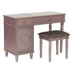 a desk and chair with a heart painted on the top, one side has a brown leather seat