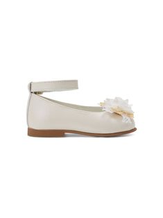 off-white leather smooth grain floral appliqué round toe buckle-fastening ankle strap branded leather insole rubber outsole Spring Ballet Flats With Rubber Sole And Round Toe, White Mary Janes With Buckle Closure For Spring, Spring Ballet Flats With Rubber Sole And Closed Toe, Spring Ballet Flats With Round Toe, Spring Leather Mary Janes With Removable Insole, Spring Buckle Closure Closed Toe Flats, Leather Mary Janes With Ankle Strap For Spring, Spring Closed Toe Flats With Buckle Closure, Cream Round Toe Ballet Flats For Formal Occasions