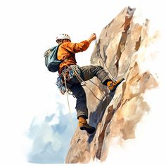 a man climbing up the side of a mountain with a backpack on his back and rope