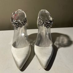 Journey Collection White Satin 2.5” Heels With Rhinestone Ankle Straps Size 7 Nwt White Rhinestone Shoe Clips, Journee Collection, Ankle Straps, White Satin, White Cream, Cream White, Shoes Women Heels, Shoes Heels, Size 7