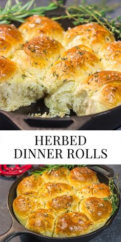 two images side by side with the text herb dinner rolls on top and an image of a cast iron skillet