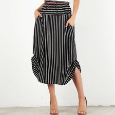 Striped, Midi, High Waisted Skirt In A Loose Fit With An Elastic Waistband, Braided Waist Belt, Side Pockets, Ruched Details, And Curved Hem, Poly 65% Rayon 30% Spdx 5%. Made In Usa Casual Maxi Skirt With Banded Waist, Chic Striped Midi-length Bottoms, Chic Striped Midi Length Bottoms, Casual Summer Maxi Skirt With Banded Waist, Casual Flowy Maxi Skirt With Banded Waist, Summer Maxi Skirt With Banded Waist, Black Skirt With Elastic Waistband For Summer, Casual Long Skirt With Banded Waist, Casual Black Midi Maxi Skirt