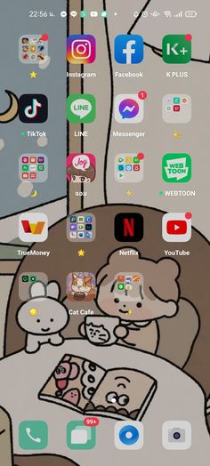 an iphone screen with many different icons on the phone and in front of it is a cartoon character