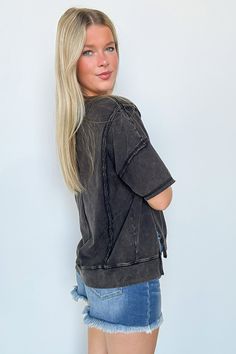 Avania Raw Edge Washed Short Sleeve Top - BACK IN STOCK · Madison + Mallory Relaxed Everyday Tops For Fall, Oversized Washed Everyday Tops, Oversized Washed Tops For Everyday, Trendy Washed Tops For Loungewear, Trendy Oversized Washed Tops, Distressed Relaxed Fit Tops For Loungewear, Relaxed Distressed Crew Neck Top, Distressed Tops For Loungewear With Relaxed Fit, Everyday Washed Black Relaxed Fit Top