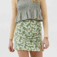 Urban Outfitters Green Butterfly Mini Skirt With Ruched Side Tie And Ruffled Hem. Never Worn. Perfect Condition. Casual Stretch Mini Skirt For Brunch, Casual Fitted Mini Skirt For Brunch, Fitted Casual Mini Skirt For Brunch, High Waist Ruched Skirt For Spring, Trendy Ruched Mini Skirt For Spring, Casual Fitted Ruched Skirt, Green Fitted Casual Skirt, Casual High Waist Ruched Skirt, Casual High-waisted Ruched Skirt