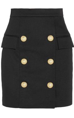 Balmain Black Buttoned Mini Skirt | Runway Catalog Cotton Mini Skirt, Luxury Women Fashion, Decorative Buttons, Double Breasted Jacket, Skirts Online, Straight Skirt, Black Button, Gold Buttons, Black Satin