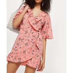 Brand New With Tags. Ruffled Neckline And Hem, Side Buttons, True Wrap. Length: 32.5” Bust: 21”, Waist: 16.5”. 100% Polyester. Flirty Floral Dress With Ruffles And Short Sleeves, Spring Floral Print Ruffle Dress With Short Sleeves, Feminine Floral Print V-neck Ruffle Dress, Feminine V-neck Ruffle Dress With Floral Print, Floral Ruffled Short Sleeve Dress, Short Sleeve Floral Dress With Ruffles, Feminine Floral Print Ruffle Dress For Day Out, Fitted Floral Print Ruffle Dress With Short Sleeves, Spring Floral Dress With Ruffles For Date Night