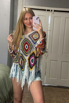 Experience effortless boho style with our Charlie Boho Knit Top! Made with high quality material and intricate crochet details, this top is perfect for adding a touch of free-spirited charm to any outfit. Elevate your wardrobe and embrace your inner bohemian with this must-have piece! One size fits all. Bohemian Crochet Long Sleeve Top One Size, Bohemian Crochet Top With Crochet Trim For Fall, Knitted Multicolor Sweater For Vacation, Multicolor Knitted Sweater For Vacation, Bohemian Multicolor Tops For Fall, Fall Crochet Knit Top With Crochet Trim, Fall Crochet Top With Crochet Trim, Fall Crochet Trim Knit Top, Bohemian Crochet Sweater For Summer