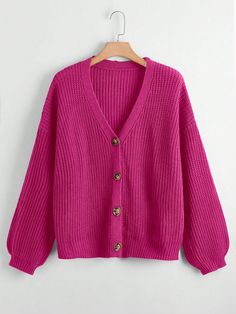 Plus Button Front Drop Shoulder Cardigan, For Winter Hot Pink Casual  Long Sleeve Fabric Plain  Slight Stretch Spring/Fall Women Plus Clothing, size features are:Bust: ,Length: ,Sleeve Length: Hot Pink Cardigan, The Cardigans, Drop Shoulder Cardigan, Comfy Jumpsuits, Áo Len Cardigan, Plus Size Cardigans, Pink Cardigan, Button Cardigan, Oversized Cardigan