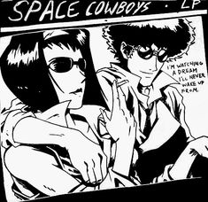 a black and white drawing of two people in front of a sign that says space cowboys