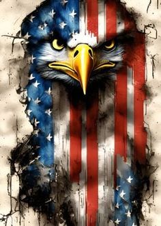 an eagle with the american flag painted on it's face is shown in front of a grungy background