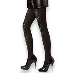 Bling Bling! Multicolor Rhinestone Tights placement on front only. Thicker, reusable tights! Choose between 2 colors! Darkest Black or Nude Spandex/Nylon Sizes: Small/Medium- Fits up to 145 pounds Fits up to 5ft 8 inches Large/XL- Fits up to 220 pounds Fits up to 6 ft 0 inches Details •Comfort tighter knitting in the front and extra stretch in the back • Flexible waistband designed to move with you• Built-in smoothing panty• Blackout Darkest Coverage - 100 Den Party Tights With Rhinestones, Stretch, Party Tights With Rhinestones And Stretch Fit, Fitted Multicolor Thigh High Tights, Fitted Multicolor Thigh-high Tights, Stretch Hosiery For Winter Parties, Stretch Winter Hosiery For Party, Trendy Stretch Hosiery For Party, Winter Party Tights, Fitted Rhinestone Tights For Party