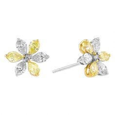 Frederic Sage Pear Shaped Yellow & White Diamond Flower Stud Earrings in Yellow & White Gold | ERA-WY205-WY | Borsheims Yellow Diamond Earrings With Gemstone, White Diamond Multi-stone Earrings, Luxury Flower-shaped Earrings With Prong Setting, White Gold Multi-stone Wedding Earrings, White Gold Multi-stone Earrings For Wedding, Yellow Flower Shaped Jewelry For Formal Occasions, Diamond Multi-stone Earrings For Anniversary, Luxury Yellow Flower Shaped Jewelry, Luxury Yellow Flower-shaped Jewelry