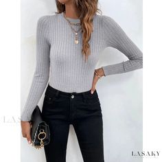 Lasaky - Round-necked Long-sleeved Knit Pullover Sweater Gray Long Sleeve Top For Winter, Gray Long Sleeve Winter Top, Gray Long Sleeve Top For Fall, Stretch Long Sleeve Top With Crew Neck For Winter, Chic Non-stretch Long Sleeve Sweater, Gray Fall Long Sleeve Top, Casual Ribbed Long Sleeve Top For Winter, Stretch Knit Sweater With Long Sleeves, Stretch Long Sleeve Gray Sweater