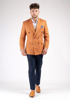 Add a stylish statement to your wardrobe with this unique burnt orange linen jacket! Crafted with pure linen for a crisp, lightweight feel, this custom-made piece is sure to stand out. Make a fresh impression with this sophisticated, eye-catching custom made blazer! Formal Orange Outerwear With Notch Lapel, Formal Orange Notch Lapel Outerwear, Semi-formal Linen Suit For Fall, Linen Suits For Semi-formal Fall Occasions, Fitted Orange Outerwear With Notch Lapel, Tailored Orange Single-breasted Blazer, Fall Season Linen Suits For Business Casual, Fall Linen Business Casual Suits, Fall Business Casual Linen Suits