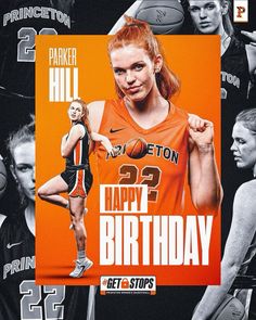 a woman in an orange jersey is holding a basketball and posing for a birthday card