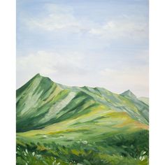 an oil painting of green mountains on a sunny day