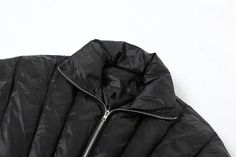 Material: Polyester Black Puffer Jacket For Spring Outdoor, Black Nylon Puffer Jacket For Fall, Trendy Black Nylon Outerwear, Black Puffer Jacket With Zipper For Spring, Black Puffer Jacket With Zipper Closure For Spring, Black Spring Puffer Jacket With Pockets, Casual Black Puffer Jacket With Zipper, Black Fitted Puffer Jacket, Casual Style, Black Fitted Casual Puffer Jacket