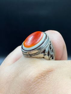 Very Beautiful Old Antique Afghani Ring Red Agate Silver Engraved On Sides Ring, Size 9.5 US Classic Red Agate Jewelry, Collectible Red Carnelian Ring, Classic Agate Gemstone Rings, Agate Gemstone Rings In Oval Cabochon, Agate Gemstone Rings In Oval Cabochon Shape, Classic Agate Ring, Classic Agate Round Rings, Classic Round Agate Ring, Antique Carnelian Ring As Gift