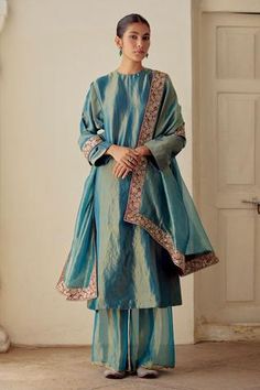 Shop for Mimamsaa Blue Zaaya Tissue Silk Kurta Pant Set for Women Online at Aza Fashions Tissue Kurta Designs Women, Tissue Suits Design Indian, Silk Indian Suits, Tissue Fabric Suit Design, Tissue Silk Suit Design, Tissue Cloth Dresses, Tissue Suits Design Pakistani, Tissue Silk Suit, Tissue Dupatta Designs