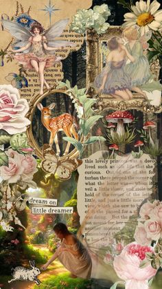 an altered collage with flowers, pictures and fairy images on it's side