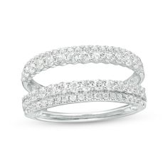 Simple yet stunning, this diamond double-row enhancer breathes new life into your bridal look. Crafted in 14K white gold Raised rows of diamonds shimmer beside outer ribbons of slightly smaller diamonds. This double-sided look is designed to surround a solitaire ring or other ring style. 1 ct. t.w. of diamonds Ring Enhancers, Engagement Ring Plain Band, Solitaire Enhancer, Enhancer Wedding Band, Ring Enhancer, Ring Guard, Plain Bands, Halo Setting, Bridal Look