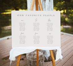 an easel with a sign on it that says our favorite people