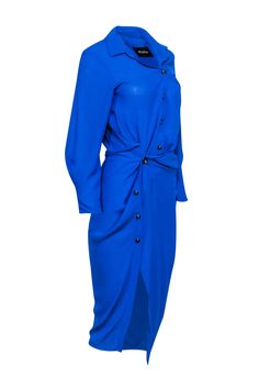 A vivid shade of blue draws the eye in this midi dress by Pfeiffer. Tortoiseshell buttons and ruched detailing bring even more interest. Add a nude sandal and shoulder bag for a visit to the winery or brunch with friends. Size XS 53% Rayon, 47% Viscose Unlined Asymmetric buttons Ruched detailing at button up Midi length Bust 38" Waist 26" Shoulder to hem 49" Sleeve length 22" Blue Button-up Midi Dress For Office, Blue Knee-length Dress With Button Closure, Elegant Blue Button-up Dress, Formal Blue Ruched Midi Dress, Blue Midi Dress With Button Closure, Blue Long Sleeve Midi Dress With Button Cuffs, Blue Long Sleeve Dresses With Button Cuffs, Blue Button Closure Dress For Daywear, Blue Dress With Button Closure For Daywear