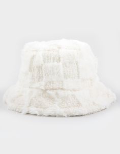 Checkered Fur Bucket Hat. Fur Bucket Hat With Checkerboard Pattern. Approximate Crown Height: 4". Approximate Brim Width: 2". 100% Polyester. Hand Wash. Imported. White Winter Bucket Hat With Short Brim, White Curved Brim Bucket Hat For Winter, White Short Brim Bucket Hat For Winter, Trendy White Winter Bucket Hat, White Brimmed Bucket Hat For Winter, White Casual Cloche Hat For Winter, White Bucket Mini Hat One Size, White Flat Brim Winter Hat, White Bucket Hat Mini Size