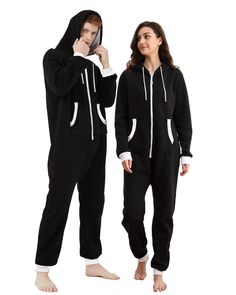 PRICES MAY VARY. ★High quality material fabric, soft and cozy, adult onesie outfits can resist the winter cold. ★Zipper jumpsuit, long-sleeved hooded pajamas, two large pockets for easy to carry your phone. ★The size of casual playsuits is different from European and American sizes, please follow the size chart to purchase. ★Unisex one-piece pajamas for adult women men,fashionable costumes in your closet. ★Best Christmas gift, can be used as family matching pajamas, workwear, homewear, loungewea Black Long Sleeve Sleepwear For Lounging, Cozy Long Sleeve Onesie For Pajama Party, Cozy Long Sleeve Onesie For Lounging, Black Winter Sleepwear For Lounging, Black Cozy Sleepwear For Loungewear, Cozy Black Sleepwear For Loungewear, White Long Sleeve Jumpsuits And Rompers For Sleep, Black Long Sleeve Cotton Jumpsuits And Rompers, Black Cozy Sleepwear Loungewear