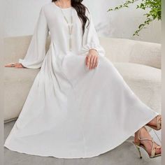 Najma Women’s Solid Color White Lantern Sleeve Long Elegant Arabic Dress With Round Neck, Under Abaya Inner Maxi Dress Modest White Maxi Dress For Beach, Modest Long Sleeve Beach Dress, White Long Sleeve Plain Dress, Modest Long Sleeve White Midi Dress, Plain White Dress, Islamic Wear, White Lantern, Arabic Dress, Temple Dress