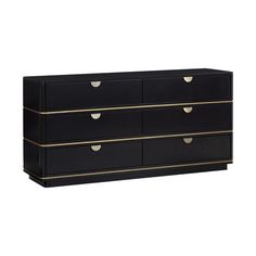 a black dresser with gold handles and drawers on the bottom, against a white background