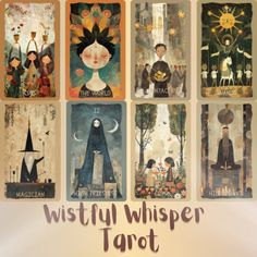 a collage of tarot cards with the words, wistily whisper tarot