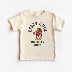 This cute strawberry birthday tee is 100% cotton, has a tear away tag for your toddler's comfort and comes in 2 Bella Canvas colors. In sizes 2T-5T, choose white or natural to make this Berry Cool birthday Dude tshirt the perfect addition to your toddler's Fruit or strawberry theme birthday party! DETAILS .100% Cotton .Bella Canvas tee .Tear away label .Runs true to size .Props in any photos are not included and are for styling purposes only .Colors may slightly vary from styled photos  SIZING T Strawberry Theme, Strawberry Shirt, Strawberry Birthday, Cool Dude, Strawberry Picking, Boy Toddler, Cute Strawberry, Party Details, Toddler Birthday