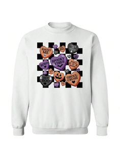 COMFY & COOL: Nearly There offers graphic shirts made of materials that are durable, comfortable, and easy to care for. Whether you're looking for a funny, inspirational, or pop-culture-inspired graphic shirt, we've got you covered.Nearly There Tiled Candy Hearts Fall Halloween Unisex Graphic Cotton Pullover Sweatshirt White Casual  Long Sleeve Fabric Animal,Cartoon,Letter Pullovers Medium Stretch  Men Clothing, size features are:Bust: ,Length: ,Sleeve Length: Pop Culture Graphic Print Sweatshirt For Fall, Fall Streetwear Top With Heart Graphic, Funny Halloween Graphic Print Sweatshirt, Men Sweatshirts, Candy Hearts, Cartoon Letters, Animal Cartoon, Sweatshirt White, Fabric Animals