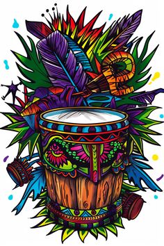 a colorful drum with feathers on it